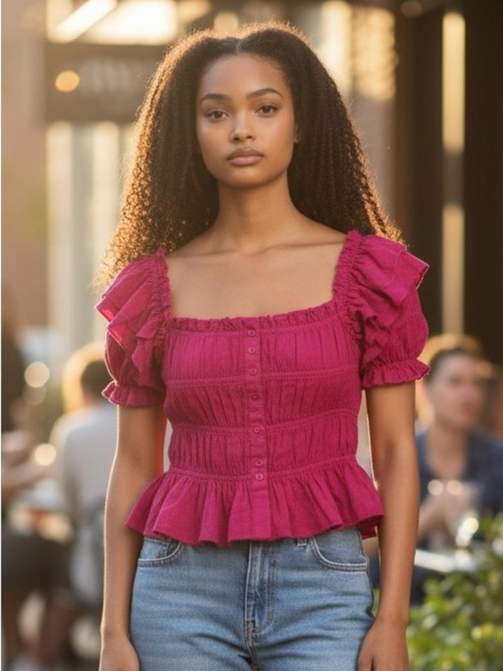 Hot Pink Lily Ruffled Button-Front Crop Top in Magenta